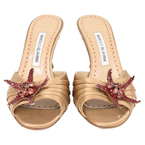 Manolo Blahnik Embellished Slide Sandal Heels in Brown Satin - Picture 2 of 9